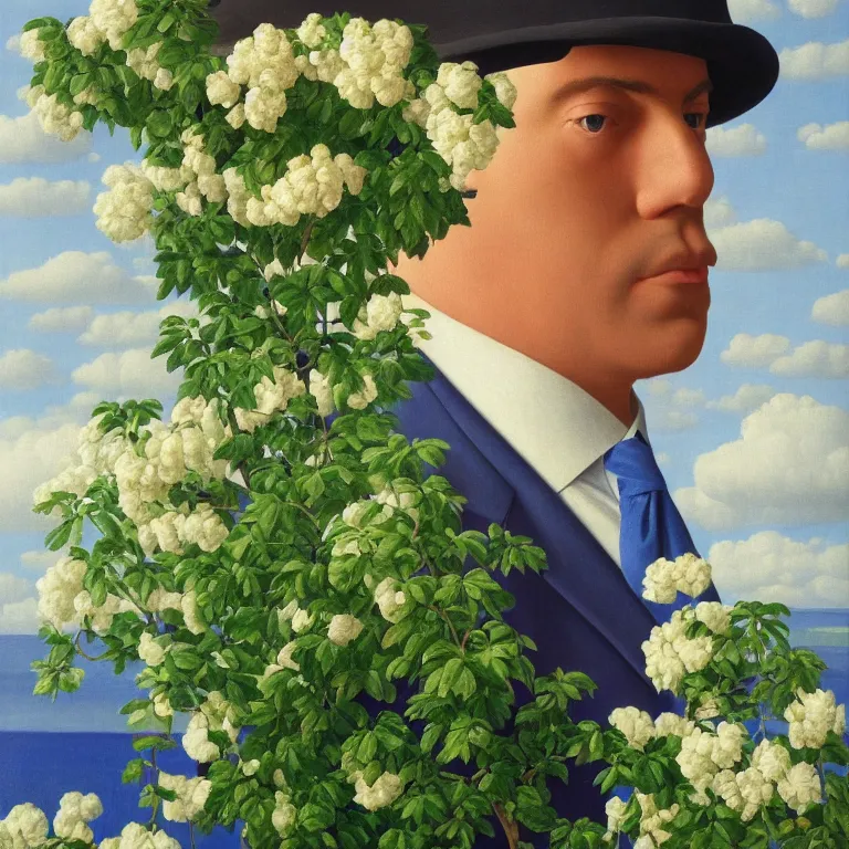 Image similar to portrait of a man, face hidden by beautiful flowers, by rene magritte, detailed painting, hd, hq, high resolution, high detail, 4 k, 8 k