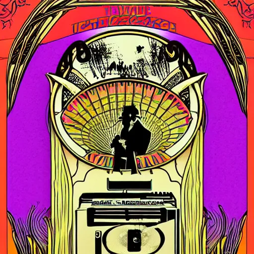 Image similar to art nouveau concert poster, 8 0 s, techno, house music