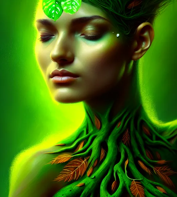 Image similar to beautiful female tree with bark skin wearing green leaf halter top, perfect face, dark green leaf hair, with abs, cinematic, blush, stunning, elegant, highly detailed, psychedelic, digital painting, artstation, smooth, hard focus, illustration, art by jessica rossier and and brian froud