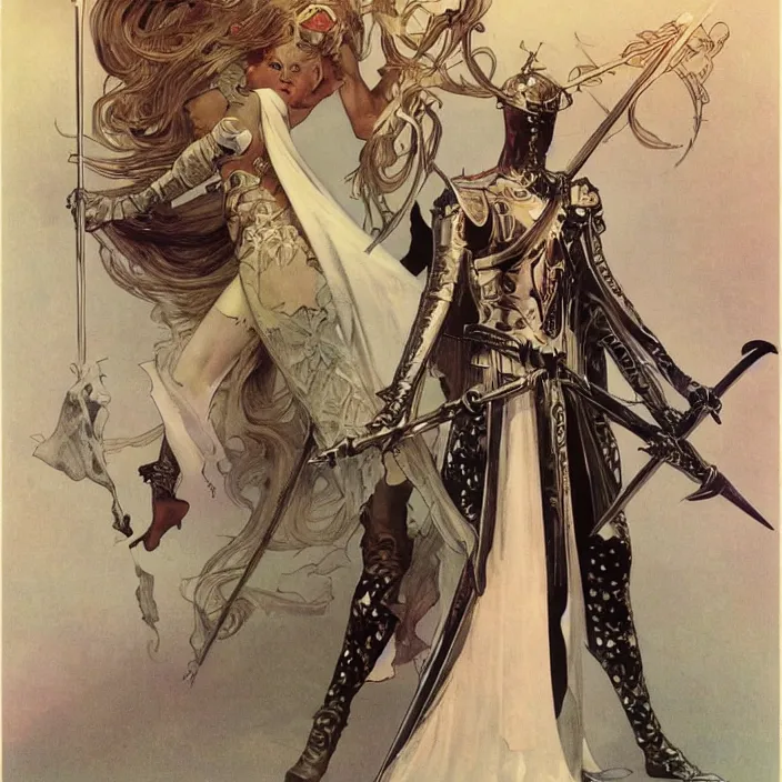 Prompt: teutonic knight, full body, high fashion, latex, rubber, sharp, flowing, slick, highly detailed, motion, concept art, smooth, sharp focus, hd, art by alphonse mucha and bruce pennington and annie leibovitz