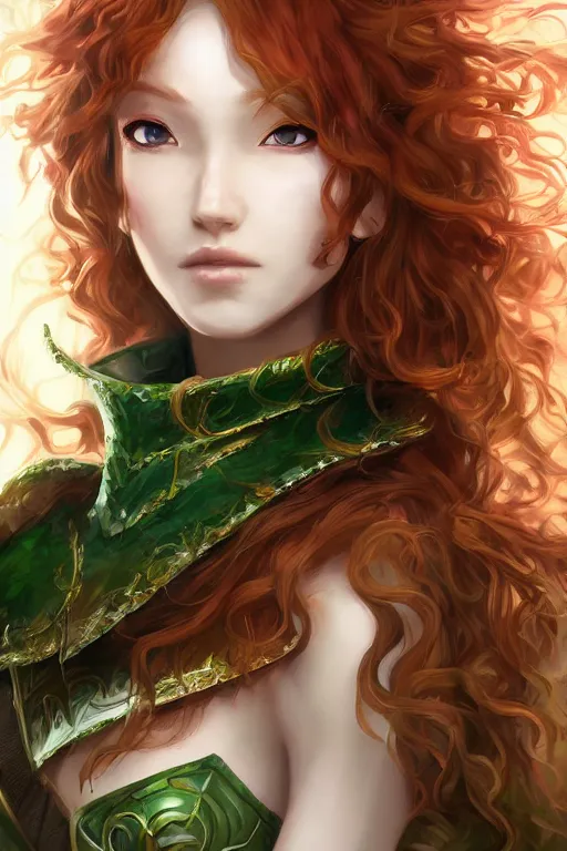 Image similar to A realistic anime portrait of long curly haired redhead female elf ranger wearing an intricate fantasy ranger outfit, asian facial features, green eyes, digital painting, by Stanley Artgerm Lau, Sakimichan, WLOP and Rossdraws, digtial painting, trending on ArtStation, SFW version