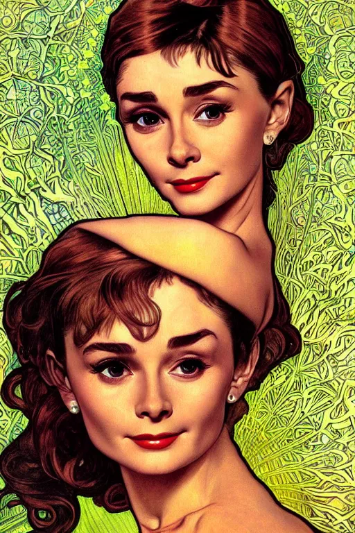 Image similar to realistic detailed closeup face portrait of Audrey Hepburn, by Alphonse Mucha, Lisa Frank, Art Nouveau, Neo-Gothic, gothic, rich vivid colors