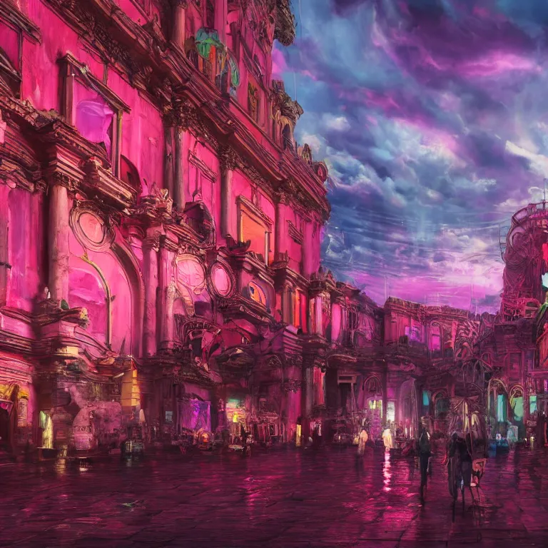 Image similar to oil painting, rich deep colors masterpiece, pink, punk, neon, ultra detailed, contrast, heaven pink, lots of roman arches, bright punk, punk rock, people with mohawks, clouds, sky, volumetric light, atmospheric lighting, dramatic, cinematic, steampunk, moody, octane render 4 k, 8 k