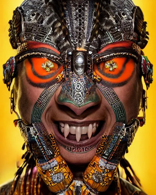 Prompt: editorial photo portrait of aztec jaguar warrior with glowing tribal futuristic tattoos on face, warrior body, photo by mario testino, cinematic, hyper detailed, micro details, insanely detailed, trending on artstation, concept art, insanely detailed and intricate