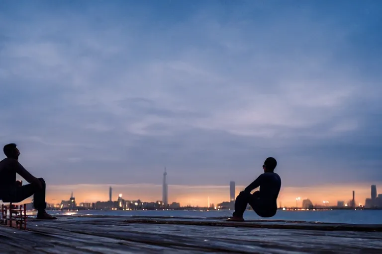 Image similar to A man sitting on a jetty, city in the background, cinematic lighting