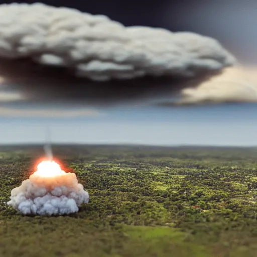 Image similar to a tiny nuclear explosion, mushroom cloud, tilt shift photograph