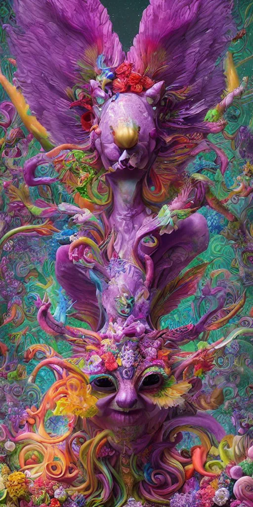 Prompt: a sculpture of colorful fantastic and mythical creatures by hannah yata, elegant, psychedelia, artstation, concept art, ambient occlusion, vray render,