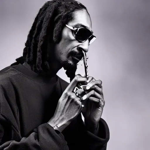 Image similar to a dramatic photograph of snoop dog smoking a joint while contemplating a magical portal to the beyond, ground haze, dramatic lighting, filmic, cinematographic