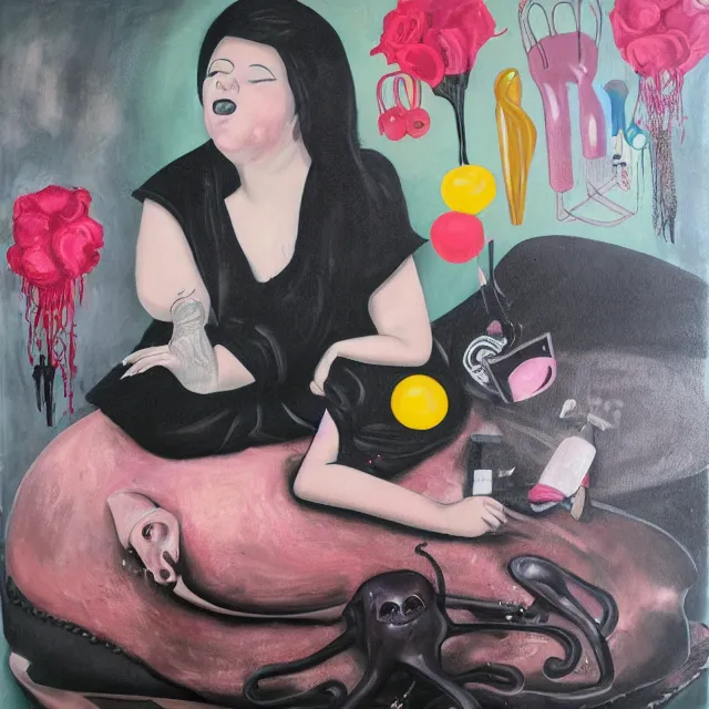 Image similar to a portrait in a female artist's bedroom, black walls, emo girl riding an inflatable pig, sheet music, berries, surgical supplies, pancakes, black flowers, sensual, octopus, neo - expressionism, surrealism, acrylic and spray paint and oilstick on canvas