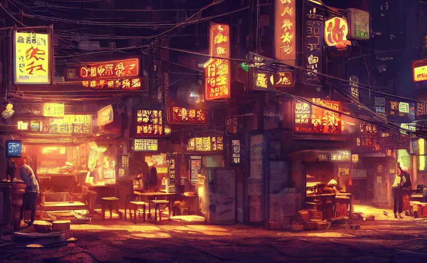 Prompt: a small cozy hole in the wall ramen restaurant nestled in a busy street of a bustling thriving cyberpunk city at night, trending on cgsociety, unreal engine, 4 k wallpaper