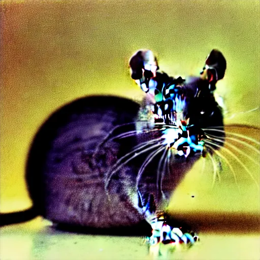 Image similar to a rat with a cat's head and a snail shell on its back, 1 9 7 0 s style