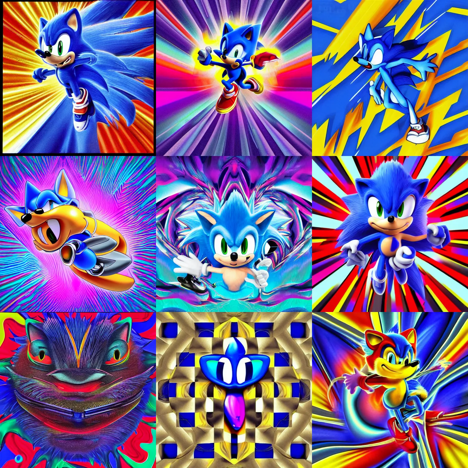 Prompt: surreal, sharp, detailed professional, high quality airbrush art MGMT album cover of a liquid dissolving LSD DMT blue sonic the hedgehog on a gradient checkerboard plane, 1990s 1992 prerendered graphics raytraced phong shaded album cover