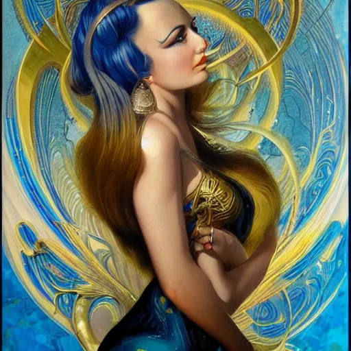 Image similar to a woman with blue and gold hair, an art deco painting by karol bak, featured on cgsociety, gothic art, poster art, art deco, tarot card