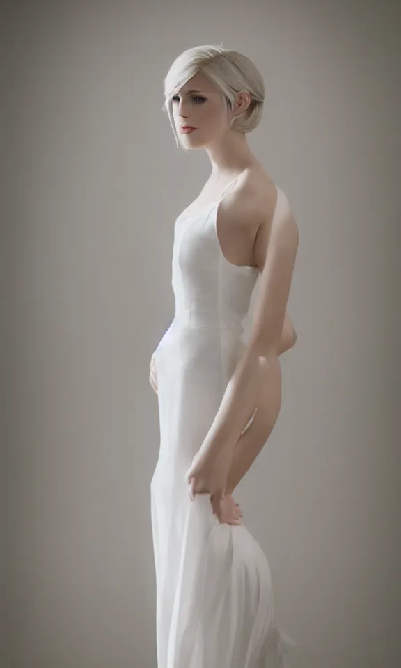 Image similar to photo of gorgeous seductive tall emily skinner cosplaying annie leonhart wearing elegant white dress, wearing open toe heels, in a white room, beautiful face, pale skin, rule of thirds, cinematic lighting, sharp focus, backlit, stunning, smooth, hard focus, full body shot, studio photo, shot on sony a 7 iii