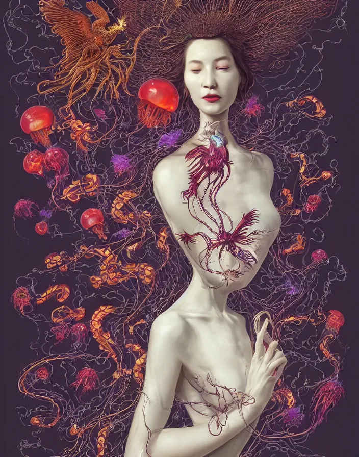 Prompt: a beautiful full-length portrait of a woman, a dress like a red jellyfish phoenix dragon, flying birds, black lilac bushes in the background. vintage bulb. white plastic. baroque elements, human skull, jellyfish, butterfly, phoenix head. burning water. intricate artwork by Tooth Wu and wlop and beeple and dan mumford and greg rutkowski and nekroxiii. halo. octane render, cinematic, hyper realism, octane render, 8k, depth of field, bokeh. iridescent accents. vibrant. teal and gold and red colour scheme