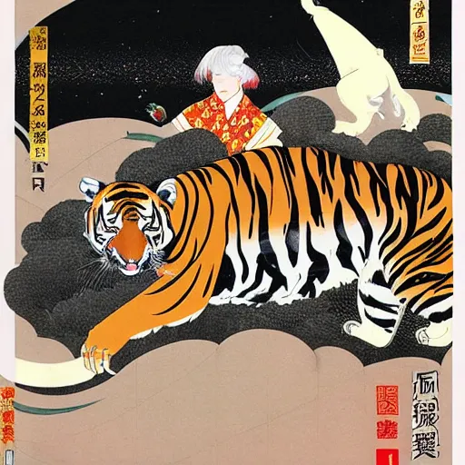 Image similar to a delorean protecting a tiger, japanese magazine collage, art by hsiao - ron cheng and utagawa kunisada