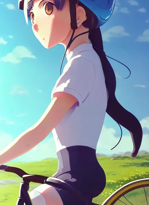 Prompt: portrait of cute girl riding road bike, sunny sky background, lush landscape, illustration concept art anime key visual trending pixiv fanbox by wlop and greg rutkowski and makoto shinkai and studio ghibli and kyoto animation, symmetrical facial features, sports clothing, road bike helmet, red cycling suit, backlit, aerodynamic frame, global cycling network