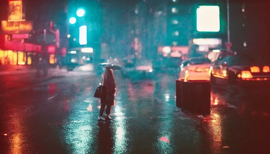 Image similar to street of new york, photography, night, rain, mist, a girl with pink hair, cinestill 8 0 0 t, in the style of william eggleston