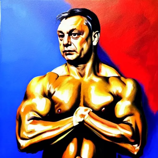 Prompt: viktor orban flexing a biceps, oil painting