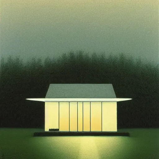 Image similar to painting by by Quint Buchholz, atmospheric cozy futuristic organic white concrete house in the middle of a lush and dense forest at night, a beautiful lake next to it, night time, night sky, starry night sky, by Quint Buchholz