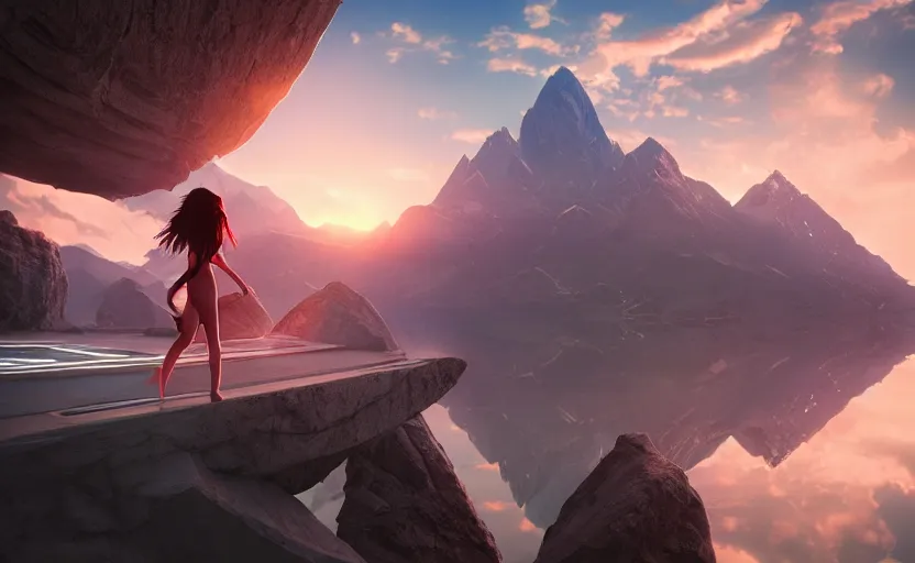 Image similar to Himalayan in a futuristic temple, beautiful flowing fabric, sunset, dramatic angle, dynamic pose, 8k hdr pixiv dslr photo by Makoto Shinkai ilya kuvshinov and Wojtek Fus