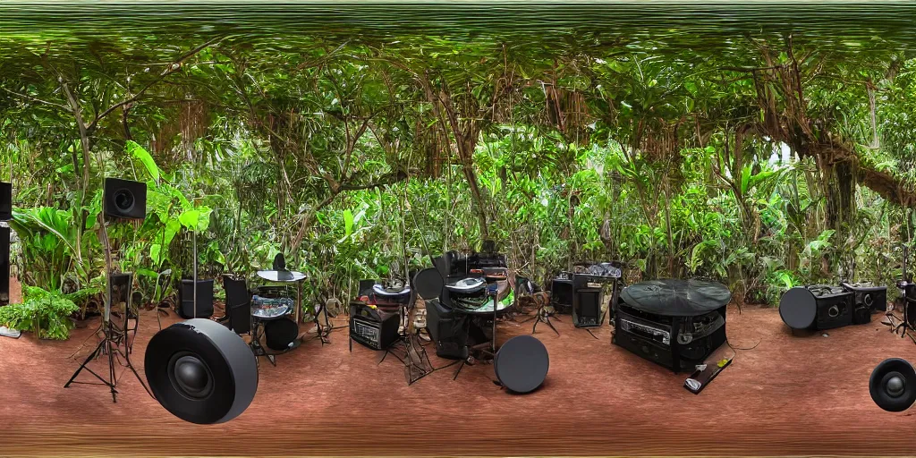 Image similar to a dream recording studio with turntables and large speakers in the jungle, by james gurney, equirectangular projection 360 panoramic