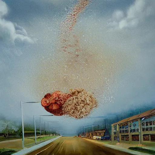 Image similar to giant food raining from the sky all over town painting realistic