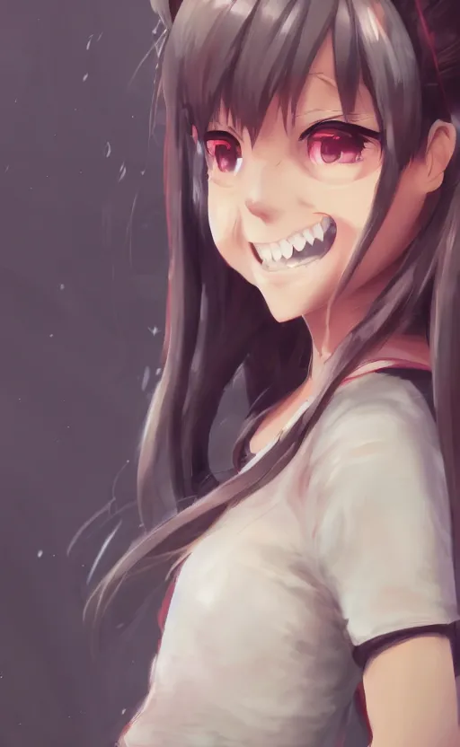 Image similar to anime girl with ponytail smiling at the camera with closed eyes, WLOP, concept art, digital painting, trending on artstation, highly detailed, epic composition, 8k UHD