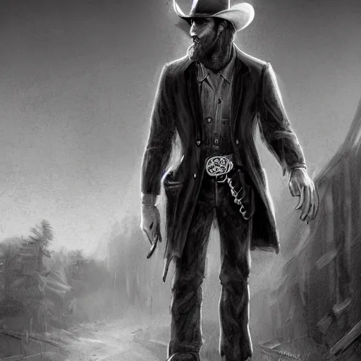 Image similar to Nicholas, the cowboy in the weird west, long dark hair, facial hair, long coat, grey horse, riding in the town of Doom, demons waiting in the background, by Shaddy Safadi, dark fantasy, digital art, high detailed, artstation,