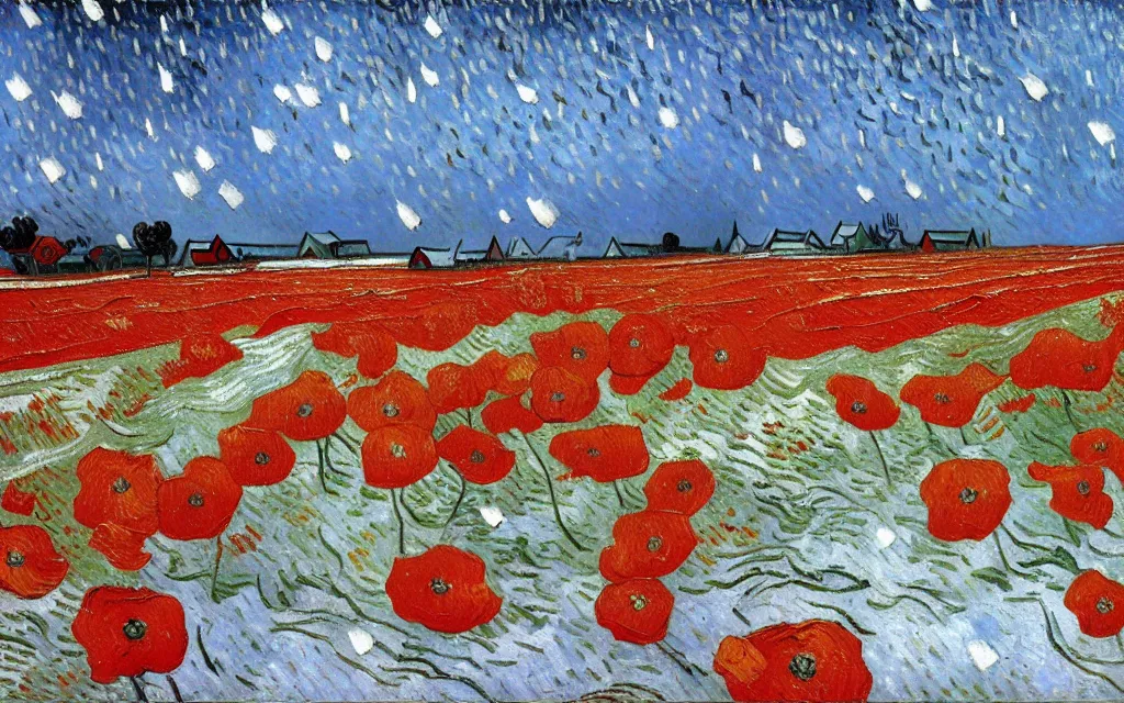 Image similar to detailed expressionist oil painting by van gogh of a snowy field in winter, falling snow on a field with scattered red poppies, winter landscape painting, silent snowfall, expressionism, 8 k resolution, smooth, sharp focus, matte painting