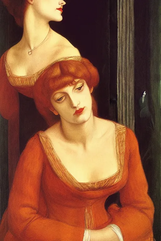 Image similar to lady, painting by rossetti