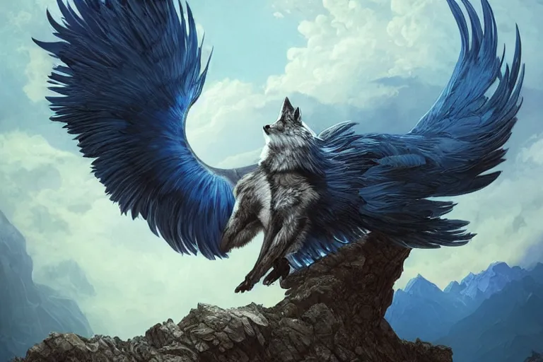 Image similar to Blue feathered wolf with wings on a beautiful fantasy landscape, hills, mountains, moonlit, HD, illustration, epic, D&D, fantasy, intricate, elegant, highly detailed, digital painting, artstation, concept art, smooth, sharp focus, illustration, art by artgerm and greg rutkowski and alphonse mucha