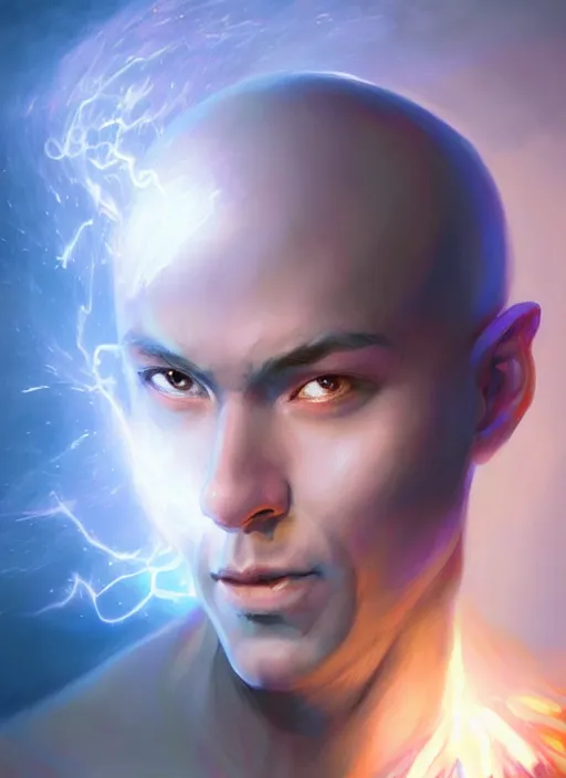 Image similar to a portrait fantastical glowing bald young monk made of blue aura and energy illustrated by artgerm and greg rutkowski