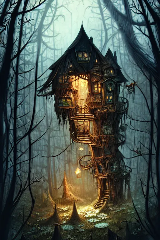Image similar to a storybook illustration of a scary ramshackle multistory fairytale hut in the creepy forest, intricate, elegant, fantasy, highly detailed, digital painting, concept art, sharp focus, artstation, eerie, horror