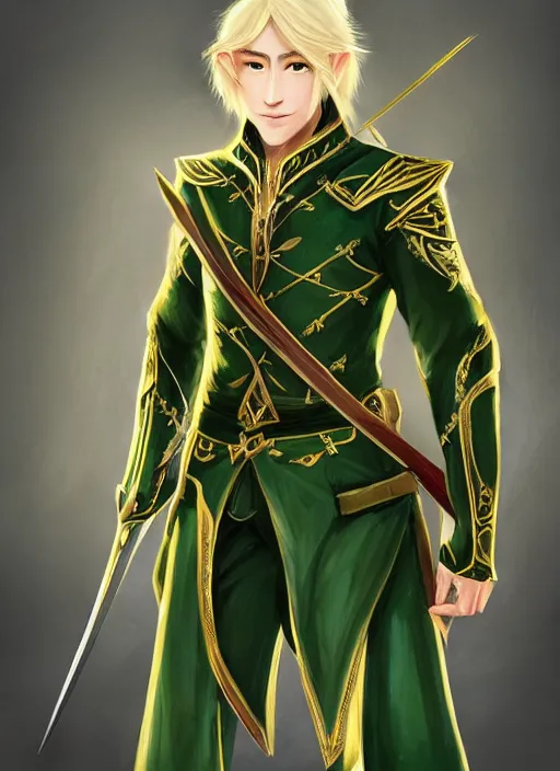 Prompt: Half-body portrait of a handsome blonde elven ranger in green and gold jacket with a crossbow. In style of Hyung-tae Kim, concept art, trending on ArtStation, Korean MMORPG.