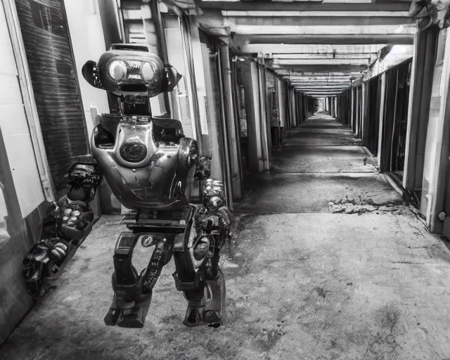 Prompt: camera footage of a Robot hunting people in an abandoned shopping mall, high exposure, dark, monochrome, camera, grainy, CCTV, security camera footage, timestamp, zoomed in, fish-eye lense, Robot, Drone, Intense, Darpa,