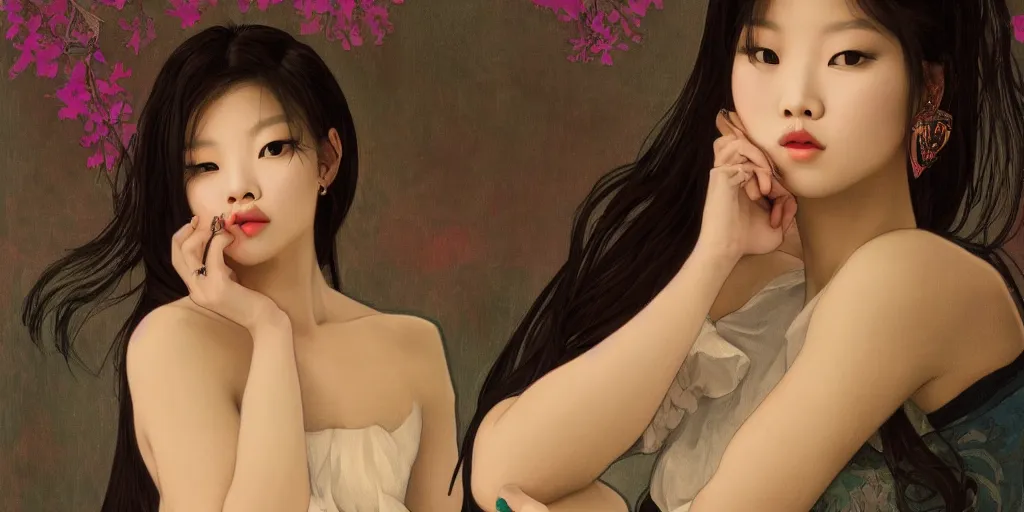 Prompt: a portrait of a very seductive Jennie Kim Blackpink, in the style of WLOP and Alphonse Mucha and Ross Tran, realistic, seductive, closeup, facing the camera, dramatic lighting
