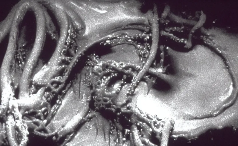 Image similar to scary filmic wide shot angle movie still 35mm film color photograph of a shape shifting horrific nightmarish abstract alien organism from The Thing 1982 spewing toxic spined tentacles made out of flesh strangling a doctor wearing a lab coat and surgical mask in the style of a horror film