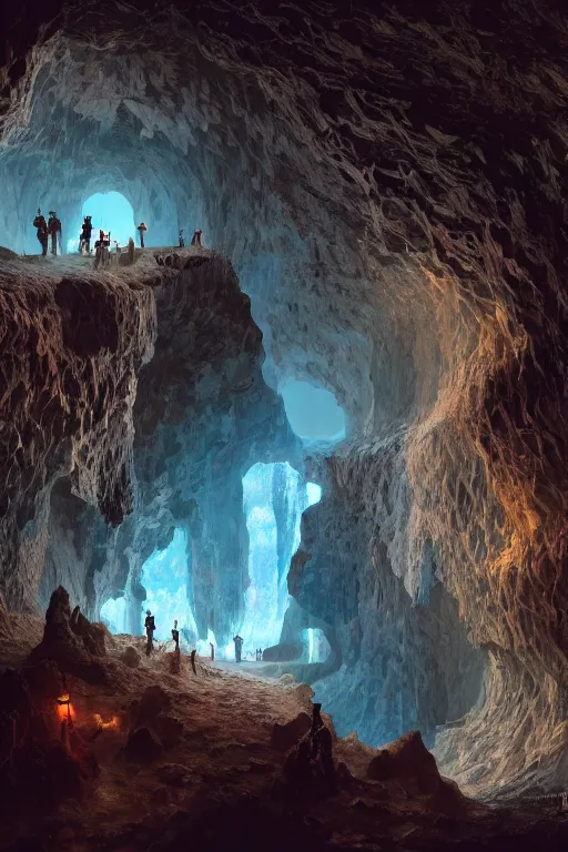 Image similar to beautiful crystal geode in a cavern, landscape, alex ross, eddie mendoza, raphael lacoste, sebastian ludke, concept art, matte painting, highly detailed, rule of thirds, dynamic lighting, cinematic, detailed, magnificiant landscape, denoised, centerd