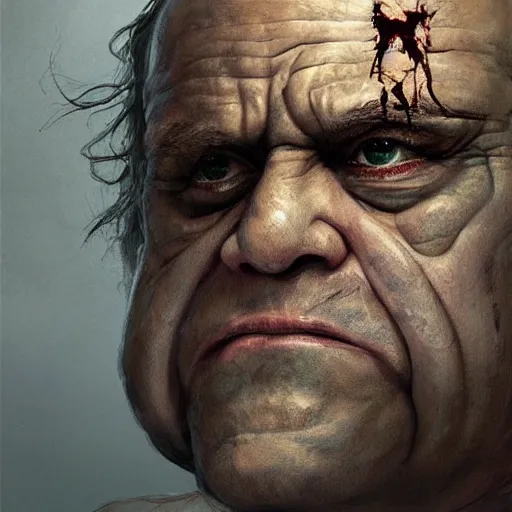 Image similar to a professionally painted portrait of Danny Devito, clothed in ancient battle armor, wrinkled skin, curly black hair, scar across face, intricate, elegant, digital painting, trending on Artstation, concept art, smooth, sharp focus, illustration, from Metal Gear by Ruan Jia and Mandy Jurgens and Artgerm and and william-adolphe bouguerea, award winning