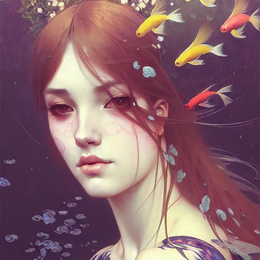 Image similar to Portrait of a girl surrounded by Koi fish, face, fantasy, intricate, elegant, highly detailed, digital painting, artstation, concept art, smooth, sharp focus, illustration, art by Krenz Cushart and Artem Demura and alphonse mucha