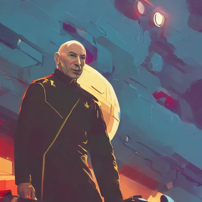 Prompt: a colorful comic noir illustration painting of jean - luc picard uss enterprise by sachin teng and sergey kolesov and ruan jia and heng z. graffiti art, sci fi, hyper detailed. octane render. trending on artstation