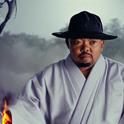 Image similar to cinematic film still of Timbaland starring as a Japanese Sensei with fire, Japanese CGI, VFX, 2003, 40mm lens, shallow depth of field, film photography