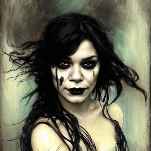 Image similar to beautiful portrait of vanessa hudgens as death from sandman, smiling, by cedric peyravernay, alphonse mucha, by jeremy mann, by lecouffe deharme, goth chic, soft lightning, eyeliner, punk rock, high detailed, 8 k