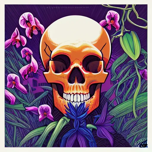 Prompt: ortographic view of a large skull and vivid orchids by Jen Bartel and Dan Mumford and Satoshi Kon, gouache illustration