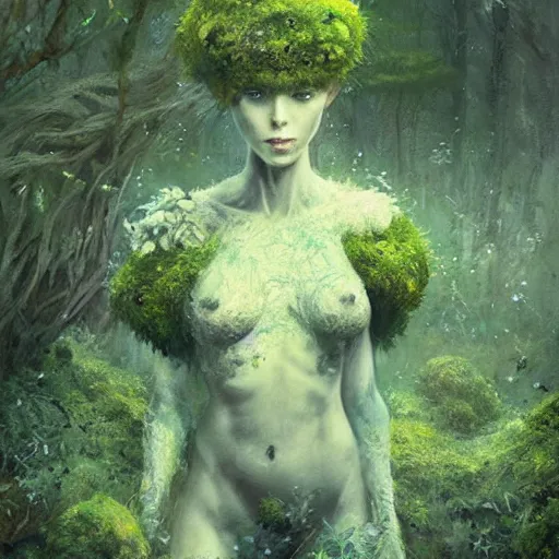 Image similar to a beautiful humanoid monster made out of moss and flowers. ethereal fantasy art by greg rutkowski