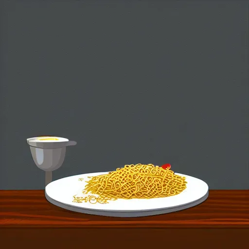 Image similar to obese cat sitting in behind a plate of indomie mi goreng noodles on toast, traditional artstyle