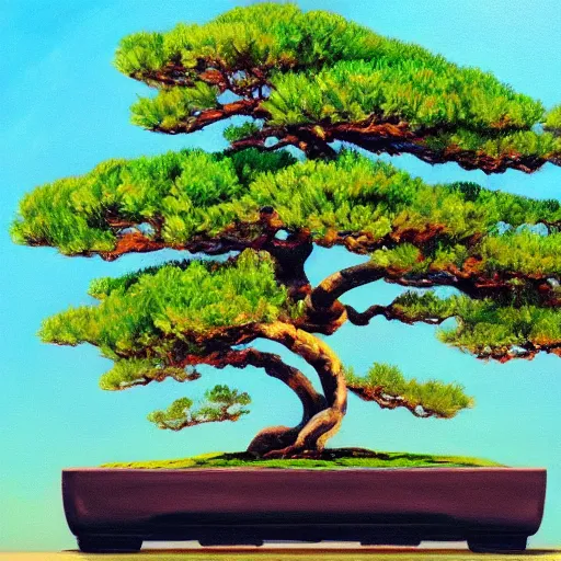 Prompt: an oil painting of a giant bonsai tree stretching over the edge of the earth. colorful. trending on artstation. atmospheric.