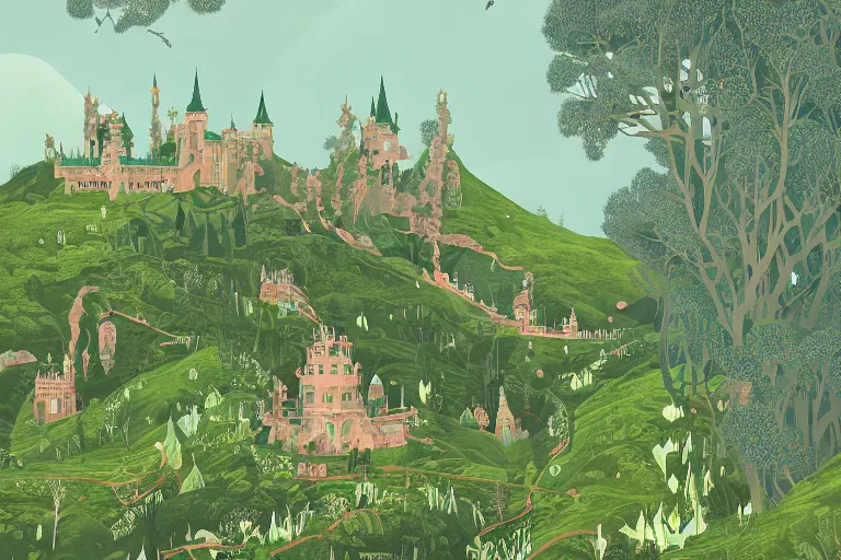 Image similar to painting of a fantasy castle, highly detailed, on lush green hills with a forest in the background, digital illustration, by Victo Ngai, by Diego Gisbert Llorens