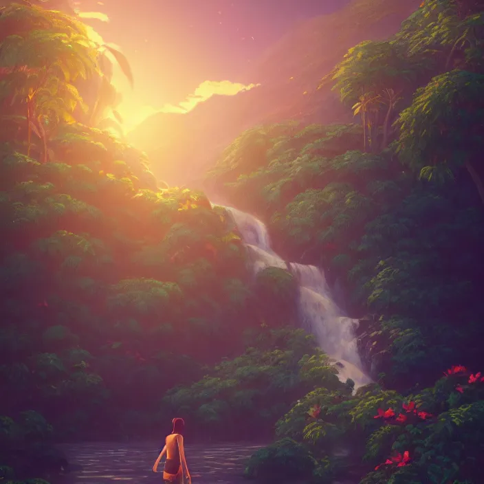 Image similar to an epic makoto shinkai and renoir landscape with a hawaiian waterfall, golden hour, 🌺, ultra smooth, octane render, lois van baarle, ilya kuvshinov